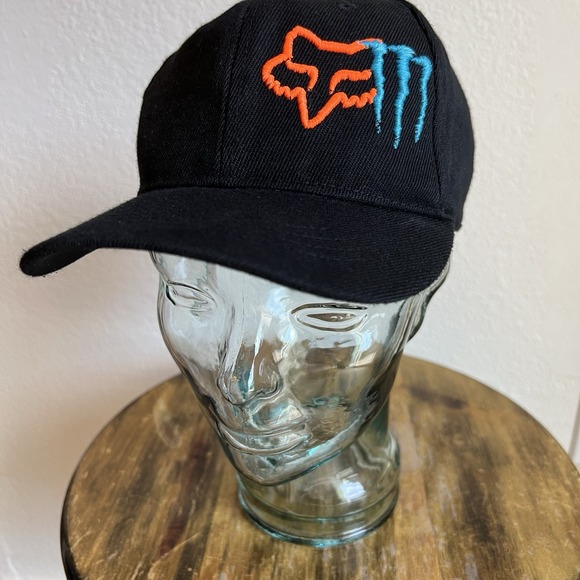 Fox-Monster Energy Drink Hat Fitted Sz 7 1/8 Black/Aqua/orange - Picture 1 of 9